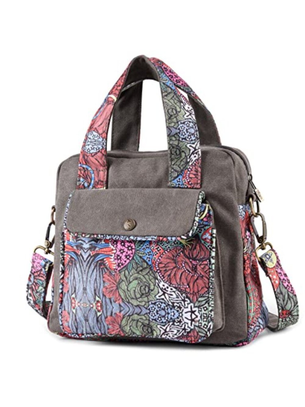 Cotton Canvas Floral Crossbody Shoulder Tote Bag Adjustable Strap
